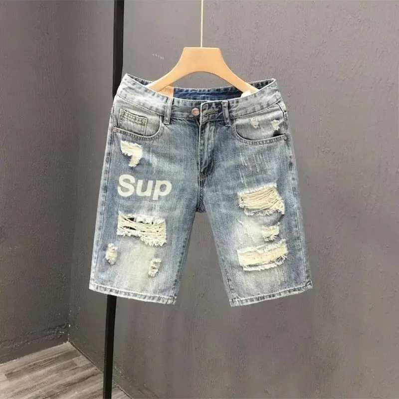 Fashion 2023 Summer Mens Blue Casual Solid Denim Jean Shorts with Ripped Holes Wash Designer Clothes Designer Mens Jeans X250203