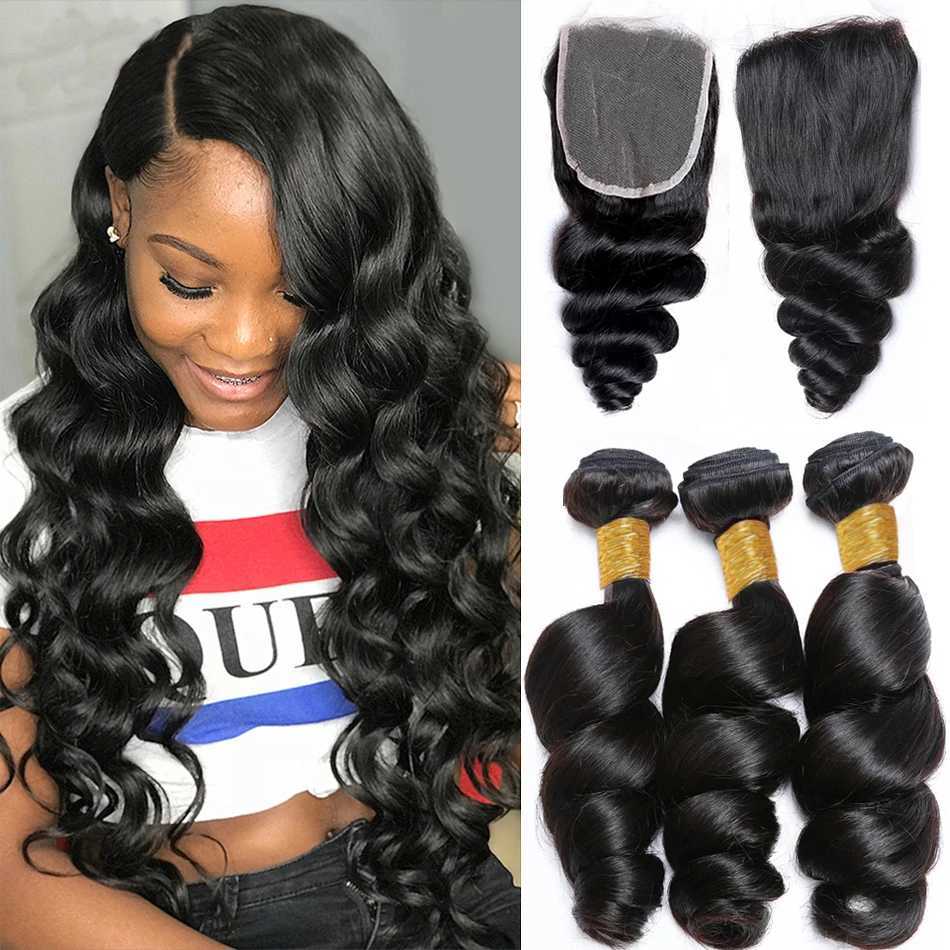 Brazilian Loose Wave Bundles With Clo Human Hair 3 Bundles With Lace Clo 4x4 Human Hair Weave Bundles Hair ExtensionsXJ250120
