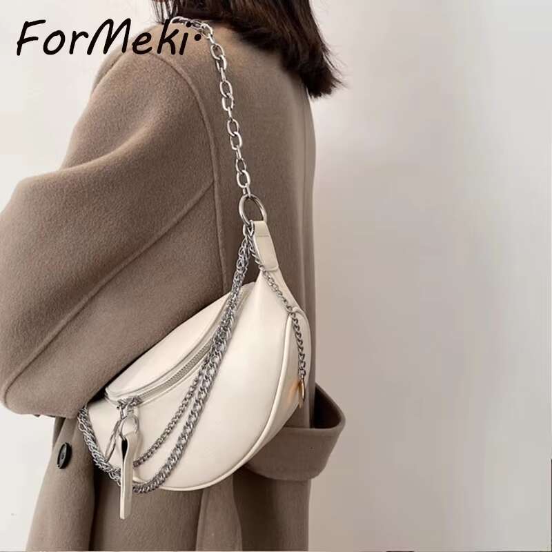 2023 Crossbody Metal Chain Casual Punk Style All Match Ladies Female Shoulder Banana Bag