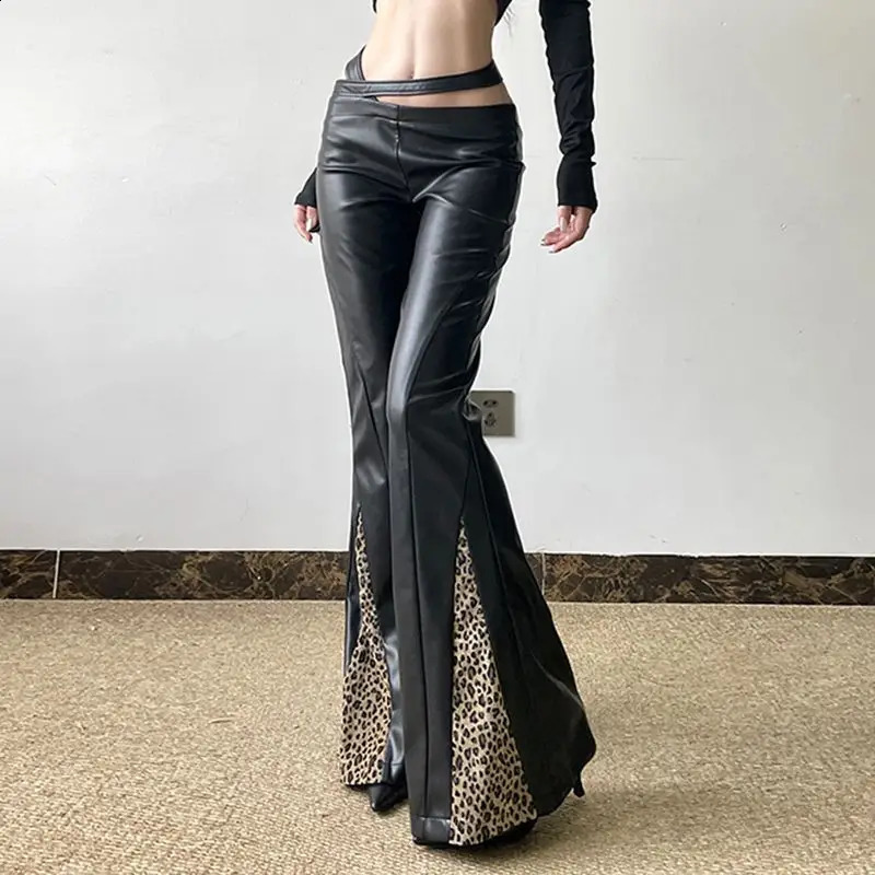 Fashion low waist irregular leopard print patchwork leather pants for womens street personality girl boot pants 250122