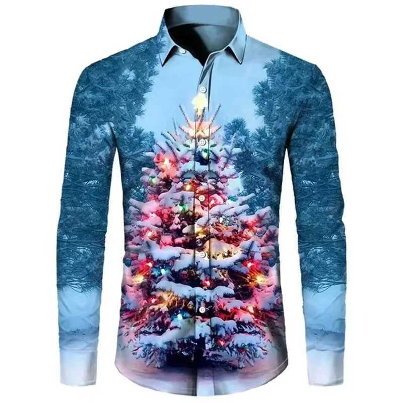2024 Shirt Fashion Mens Shirt Ice and Snow Print Christmas Button Up Shirt Long Sleeved Daily Street Vacation Mens TopXJ250121