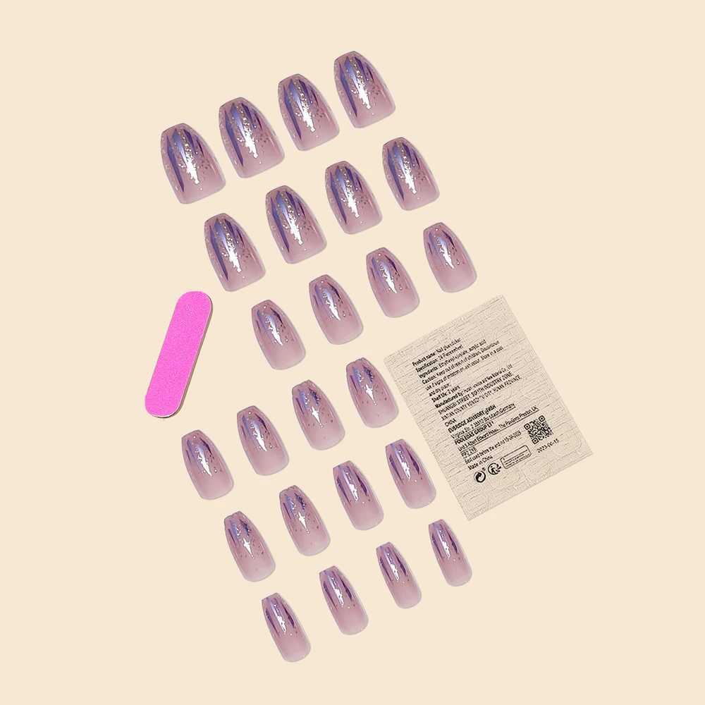 Trend Fashion Women Girls 24Pcs/Set Medium Coffin Shaped French Glitter Powder Star Stripe Wearable Fake Nail Press on Nail ArtW250120