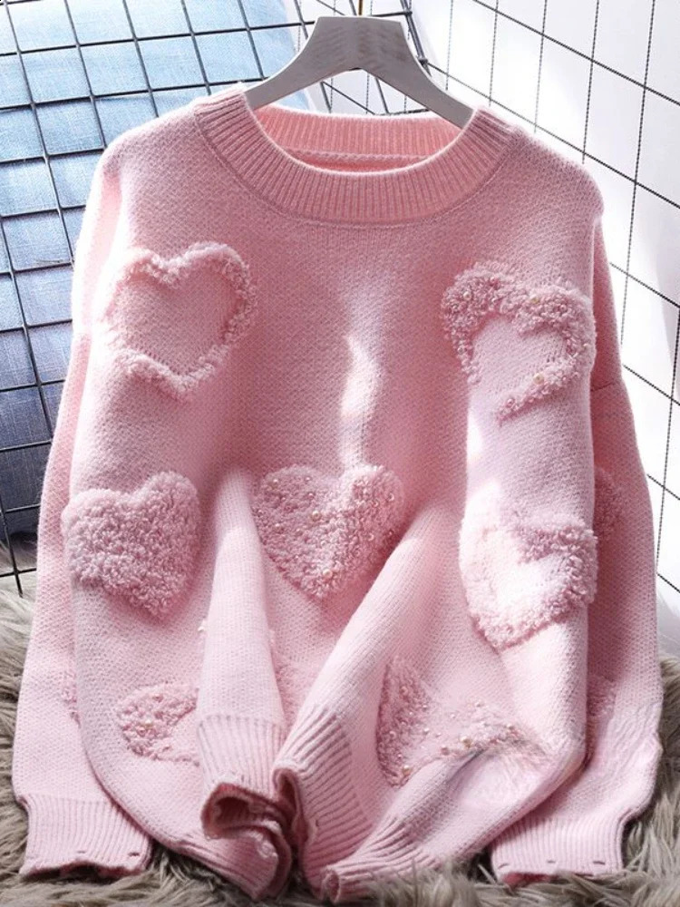 Lazy Style Pullovers Long Sleeve Solid Color Heart Flocking Autumn Winter Sweaters Loose All Match Women Clothing 250117