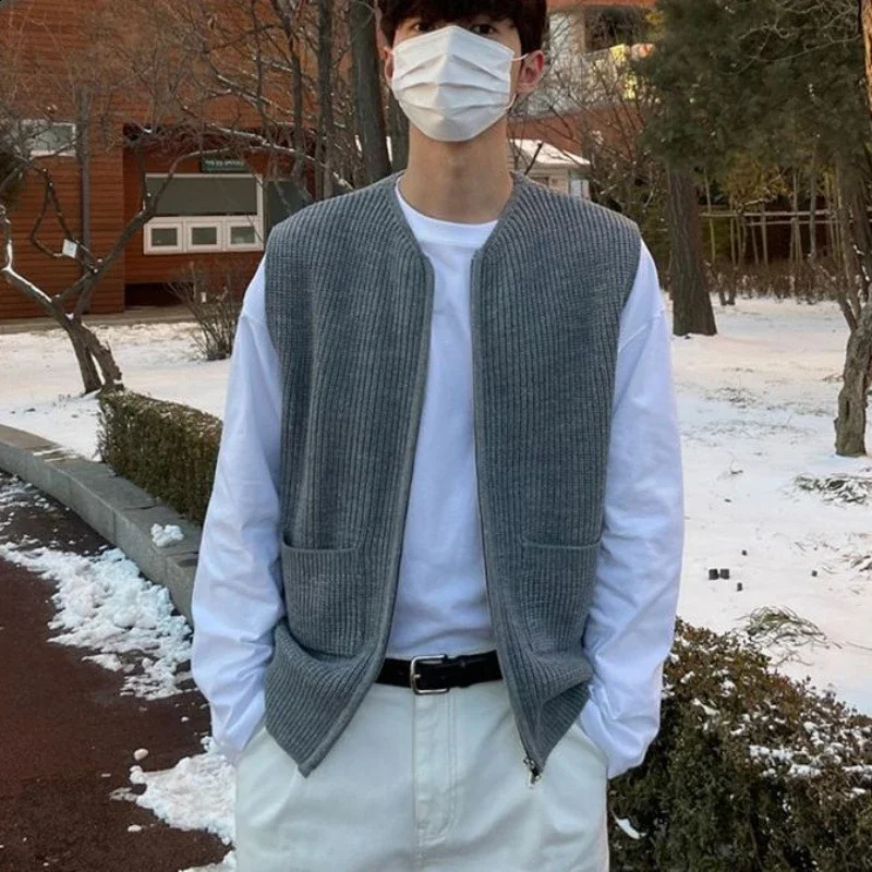 Knit Sweater Male with Pockets Vest Zipper Sleeveless Zip-up Mens Clothing Waistcoat Jacket Coat Jumpers 90s Vintage Street X A 250108
