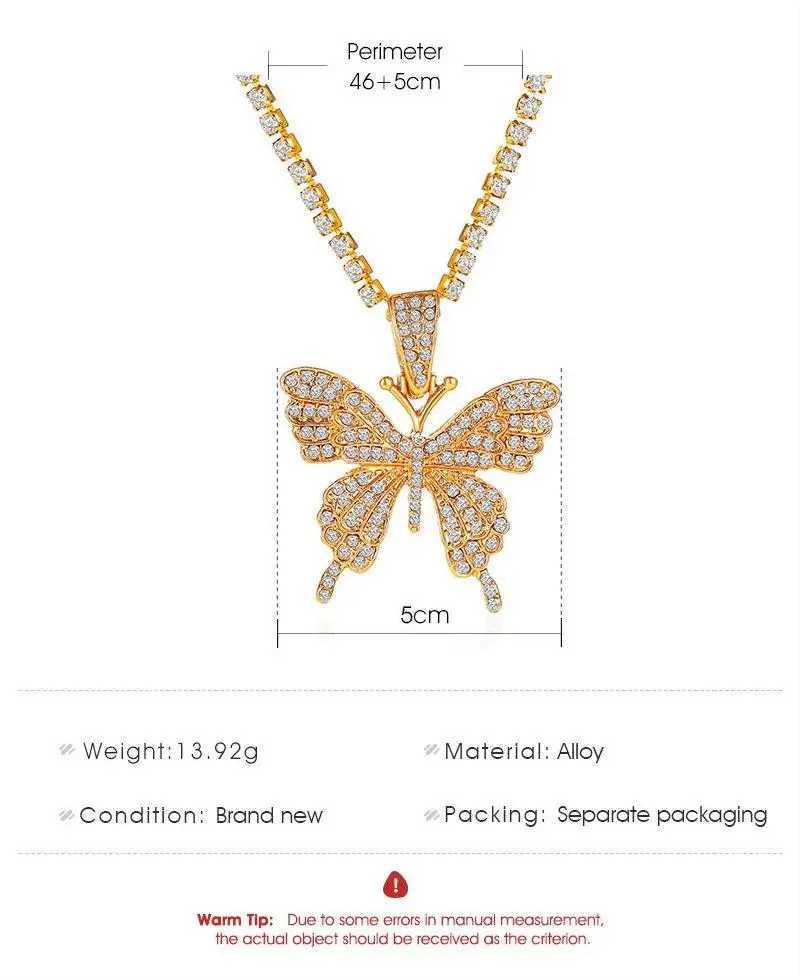 Punk Shiny Zircon Big Butterfly Pendant Necklace Hip Hop Thick Cuban Chains Choker Tennis Chain For Women Party JewelryXJ250121