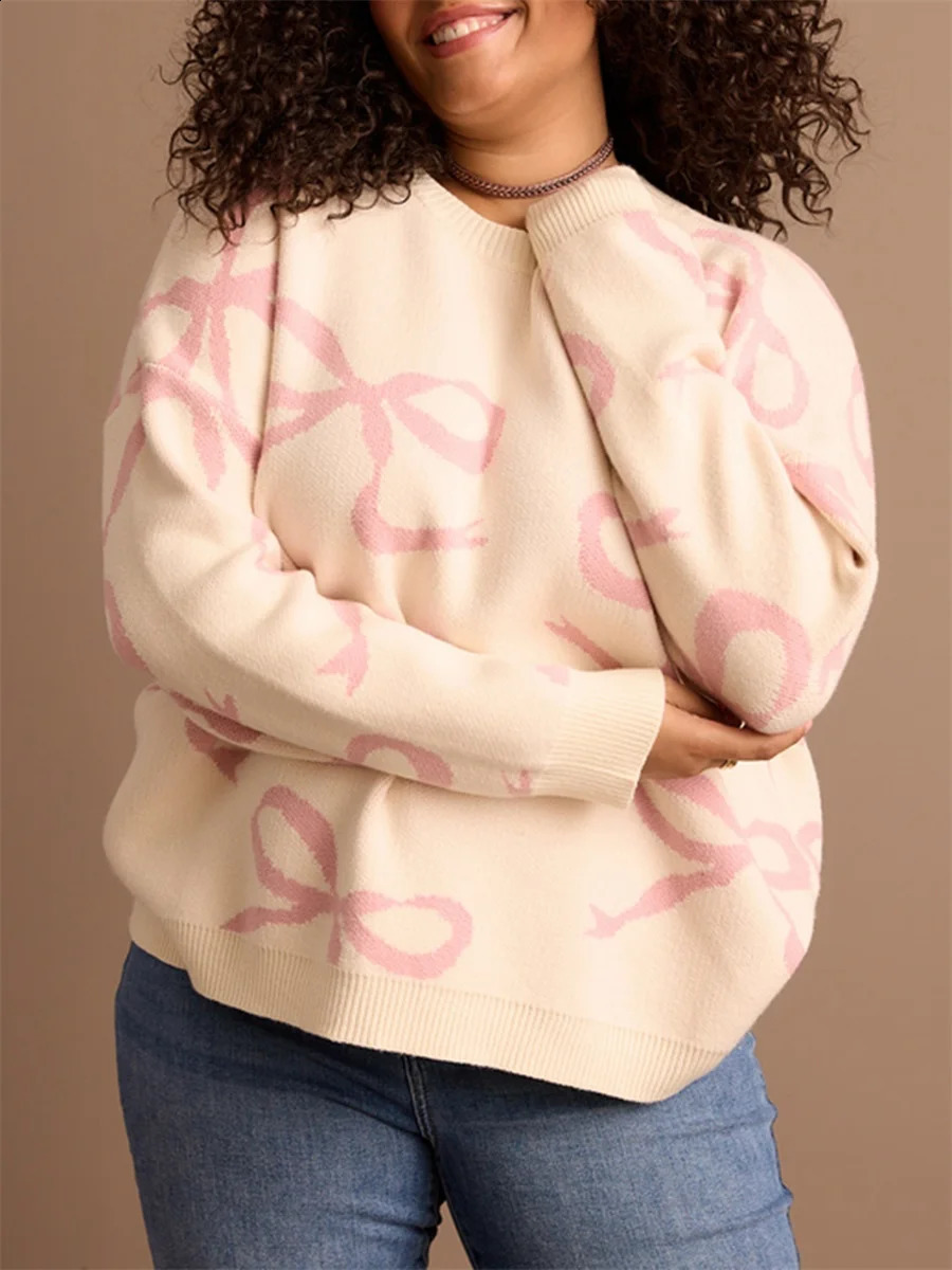 Sweet Cute Bow Sweater Fuzzy Long Sleeve Round Neck Pullover Sweater Tops Winter Fall Oversized Outerwear Y2K Vintage Jumper 250121