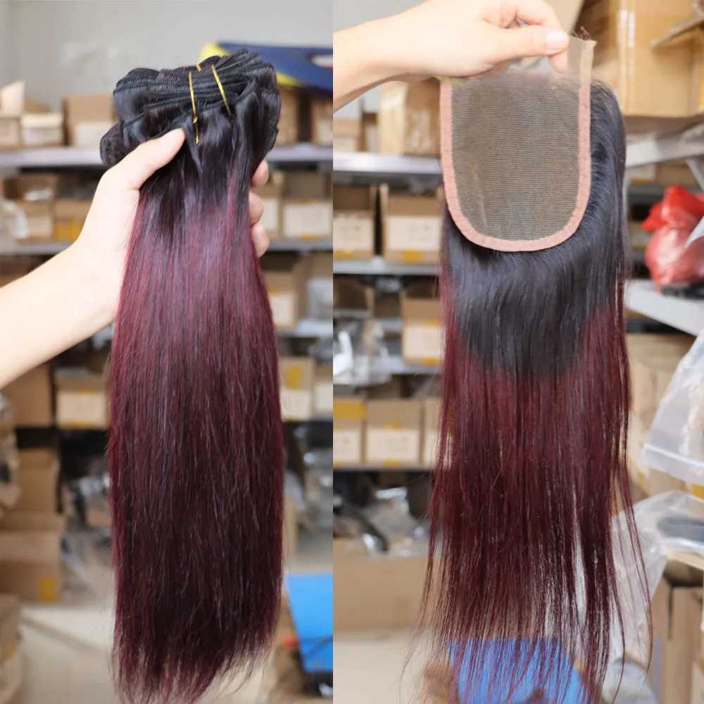 Ombre Dark Red 99J Virgin Remy Human Hair Bundles with Lace Clo 4x4 5x5 2x6 Transparent Weft Weaving Human HairXJ250120