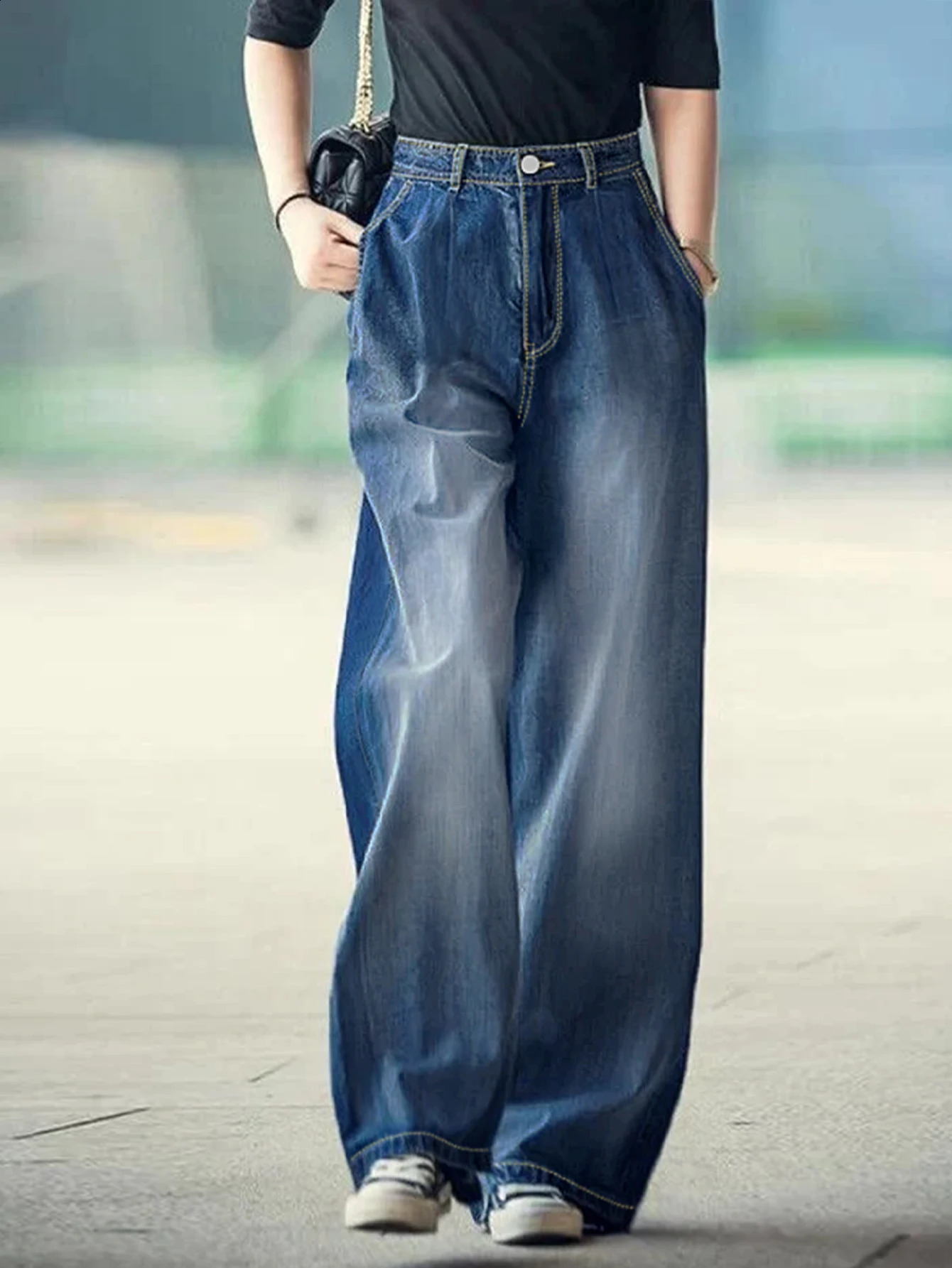 Womens Loose Wide Leg Jeans High Rise Straight Korean Trousers Relaxed Fit Stitching Mopping Denim Pants 250120