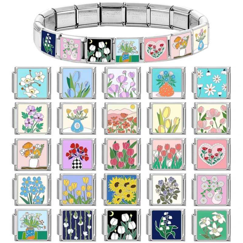 Creative Colored Flower Series Vase Rose Tulip Charm Bracelet Italian Links Fit 9mm Bracelet Stainless Steel Making Diy Jewelry W250121