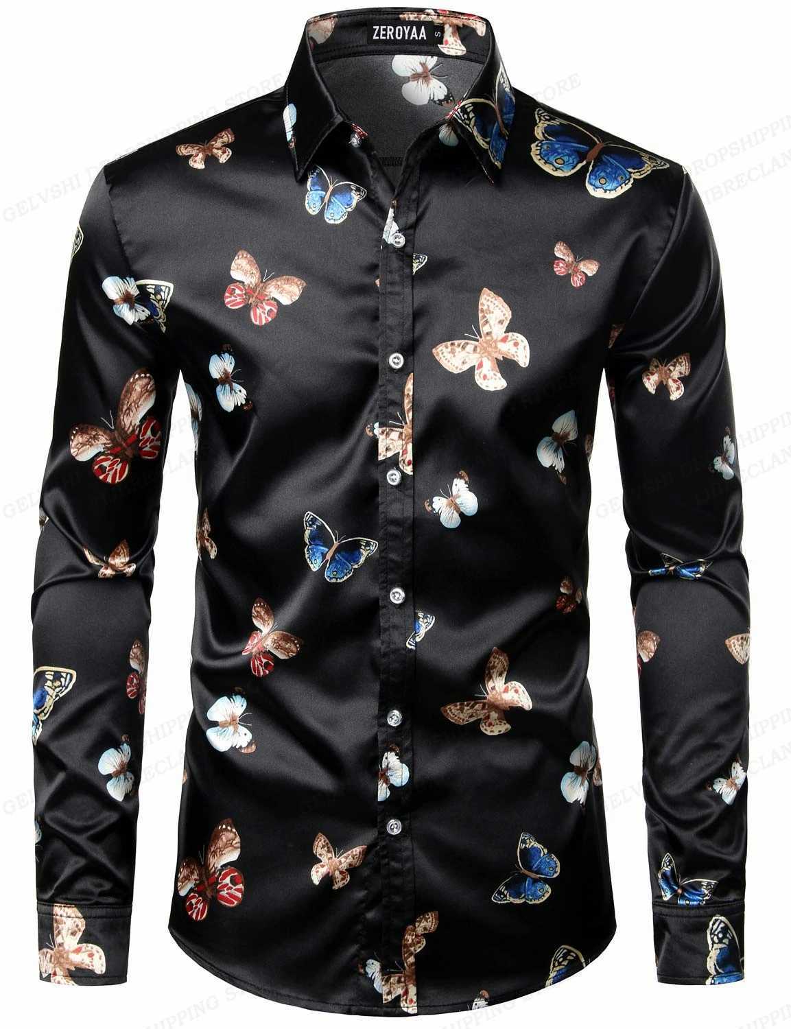 Gold Chain Hawaii Shirts Butterfly 3d Print Shirts Men Fashion Shirts Long Sleeve Beach Blouse Luxury Lapel Shirt Mens ClothingXJ250121