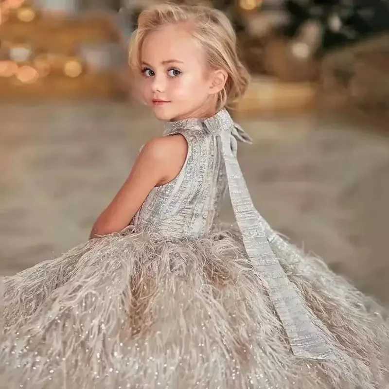 Fashion Baby Girl Feather Sleevesless Princess Dress Infant Toddler Child Vintage Dress Party Birthday Pageant Ball Gown 1-12Y X250203