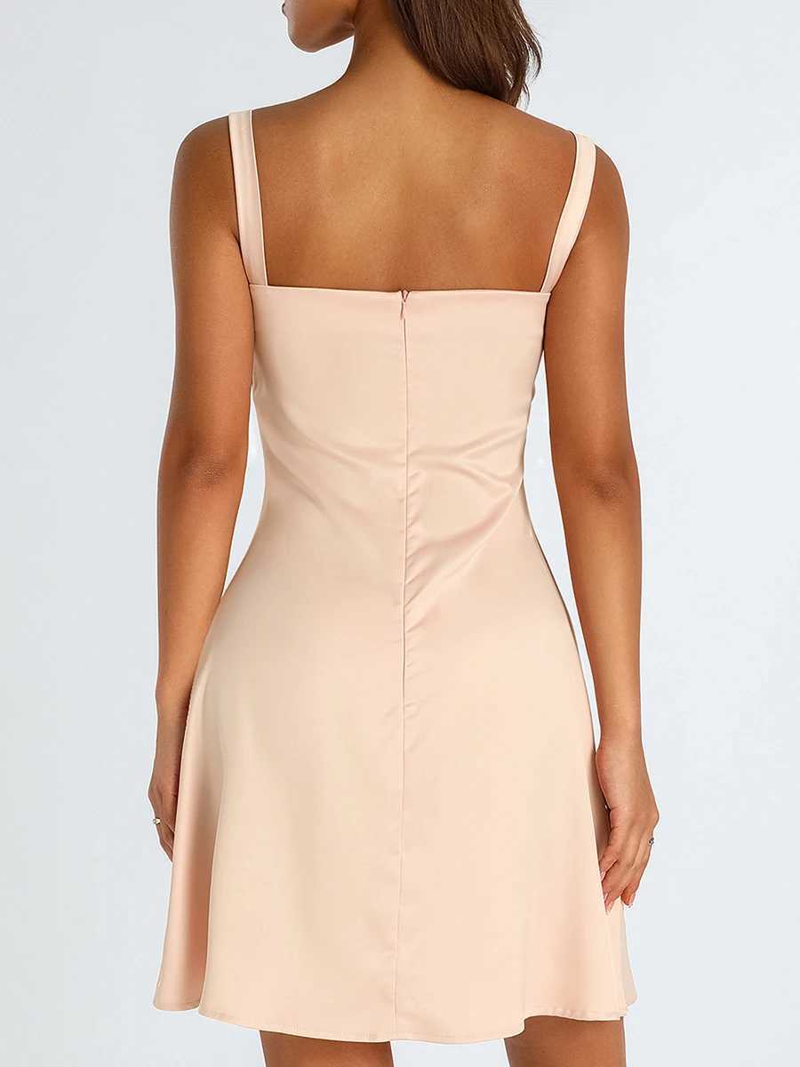 Sexy Summer Short Dress For Women 2025 Fashion Solid Black Pink Low-Cut Sling Sveless High Waist A-Line Mini DressXJ250115