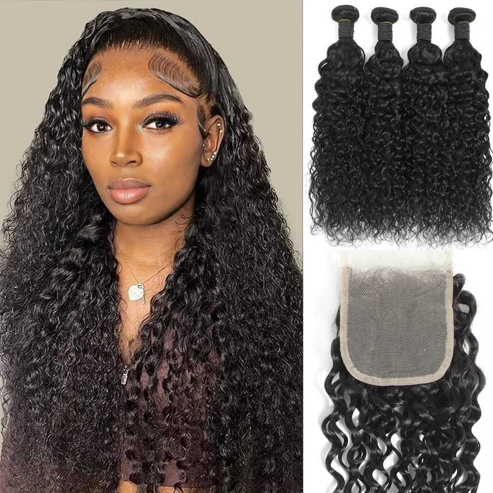 Water Wave Brazilian human hair Bundles With Clo Curly Human Hair 3/4 PCS Bundles With 4x4 13x4 Lace Frontal HairXJ250120