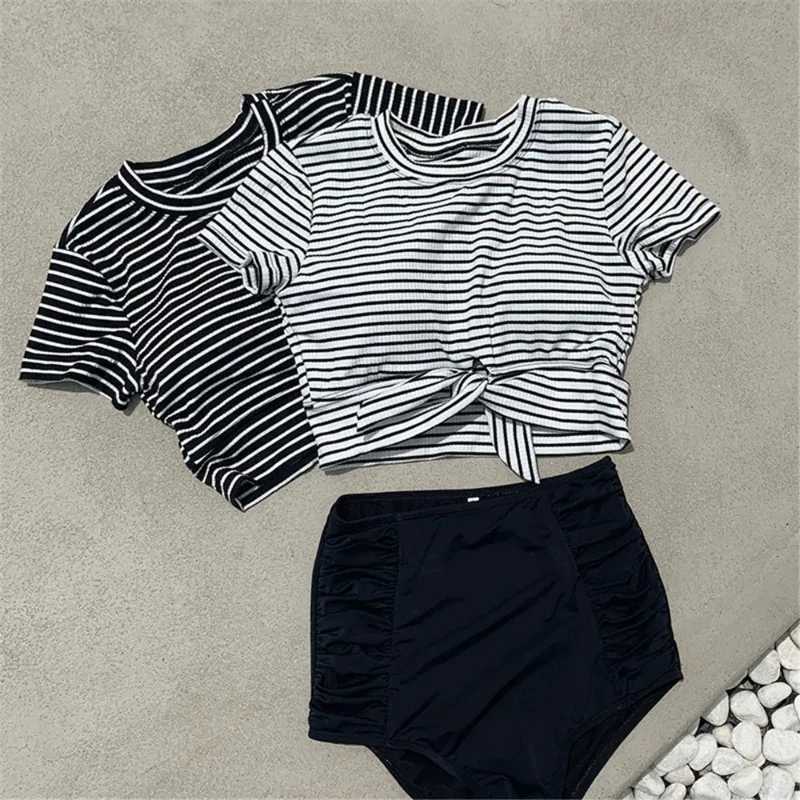 Sexy High Waist Bikini Women Striped Black Swimsuit Short Sve Bathing Suit Push Up Biquini Crop Top Swimwear Tummy ControlXJ250120