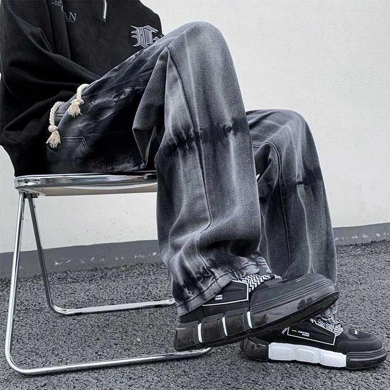 Men's Pants Tie Dye Gradient Jeans Straight Leg Japanese Retro Elastic Waist Washed Trendy Brand Casual And Cool