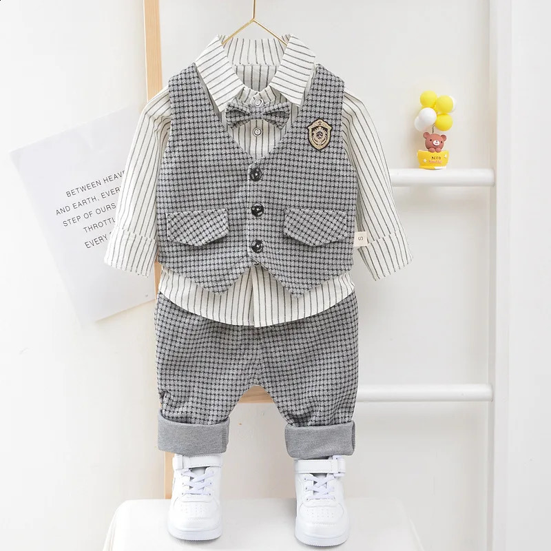 Children Kids Gentleman Clothing Suit Birthday Wedding Party Elegant Set Baby Boy Casual Wear Striped Shirt Vest Pants Costume 250113
