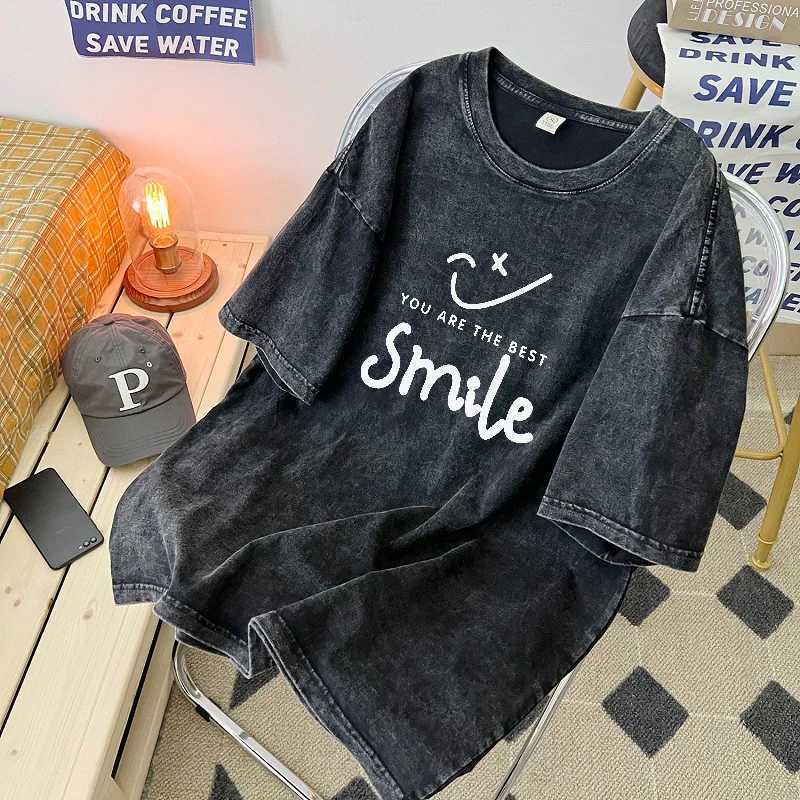 American Wash Mens Short-sleeved T-shirt Summer Vintage To Do Old Couple Jacket Ins Hip Hop Half-sleeved T-shirt X250203