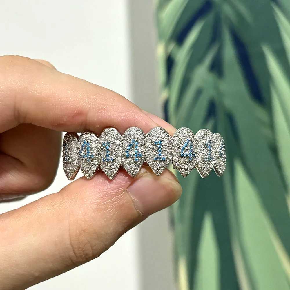 RACHELZ Hip Hop Full CZ Stone Number Teeth Grillz Fangs Top Bottom Fashion Blue Zircon Tooth Caps For Women Men Jewelry GiftXJ250114