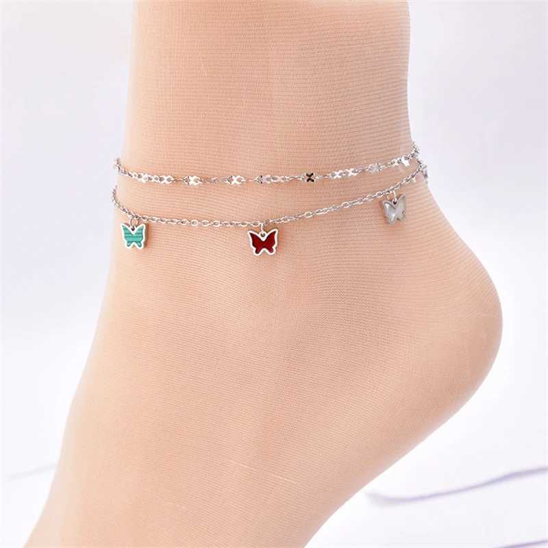 316L Stainl Steel New Fashion Jewelry 2 Layer Embedded In Natural Shells Hang 5 Butterflies Charm Chain Anklets For WomenXJ250121