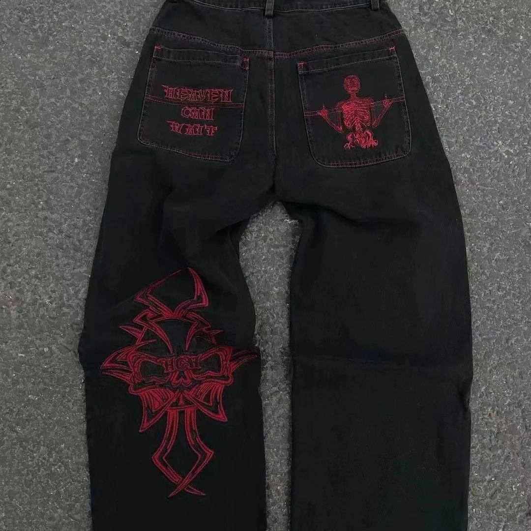 Y2K Jeans Harajuku Hip Hop Retro Skull Graphic Embroidered Baggy Denim Pants Men Women Goth High Waist Wide Trousers 250121
