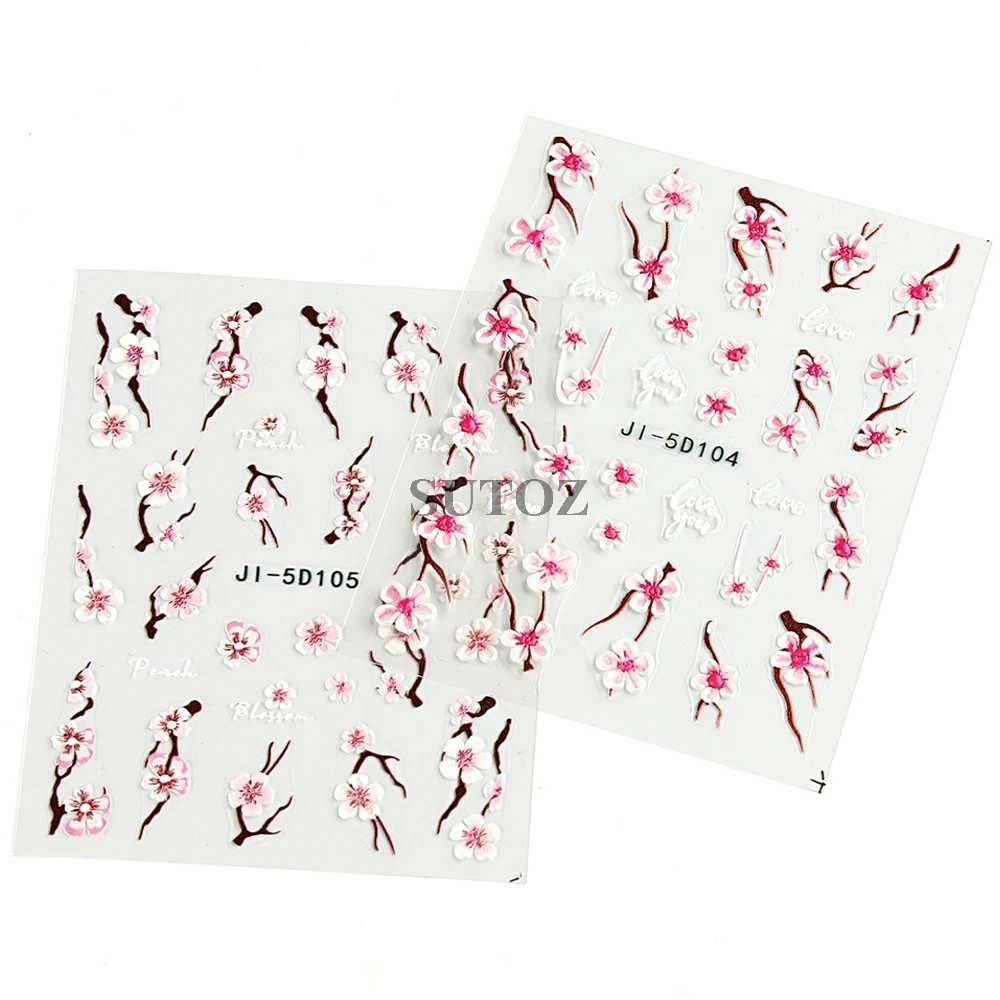 5D Cherry Blossom Nail Stickers Pink Petals Flowers Nail Decors Spring Summer Self-Adhesive Manicure Embossed Decals NLJI5D-105XJ250120
