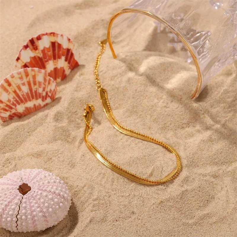 Youthway Tren Layered Gold Anklet for Women Stainl Steel Flat Snake Chain 18 K Summer Jewelry New Beach Anklets 2022XJ250121