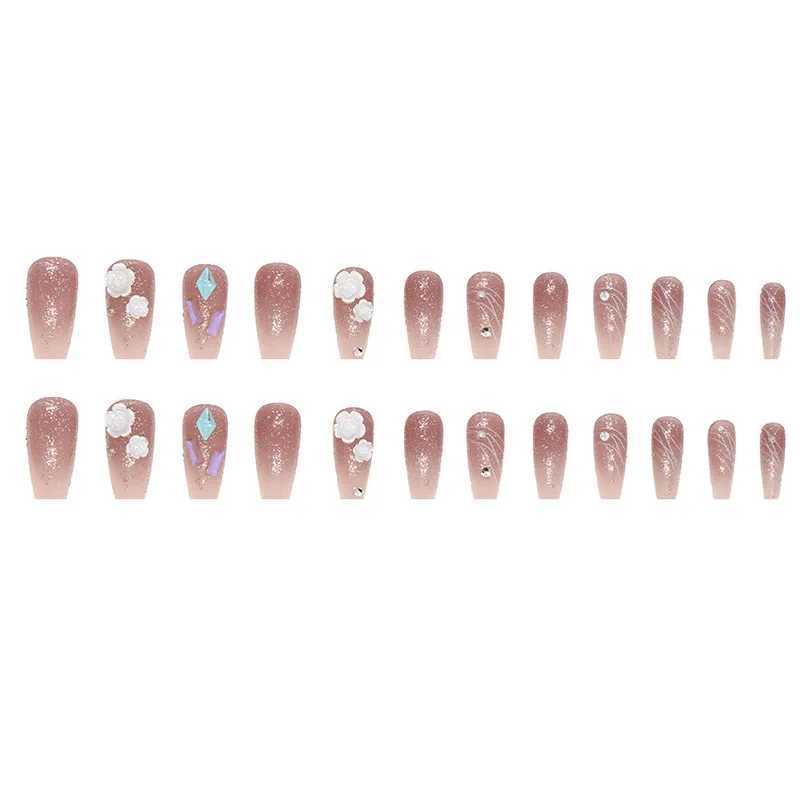 White Camellia 24 Pcs Press on Nails Pink Gradient Fake Nails Glossy Artificial Finger Manicure Reusable False NailsW250120
