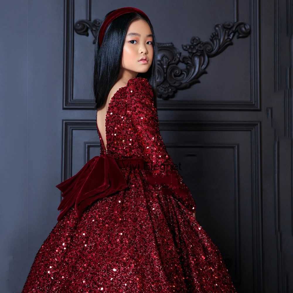 Sparking Full Sleeve Sequined Flower Girl Dresses with Bow A Line Communion Dresses Girls Winter Christmas Gown Christening 2022 X250203