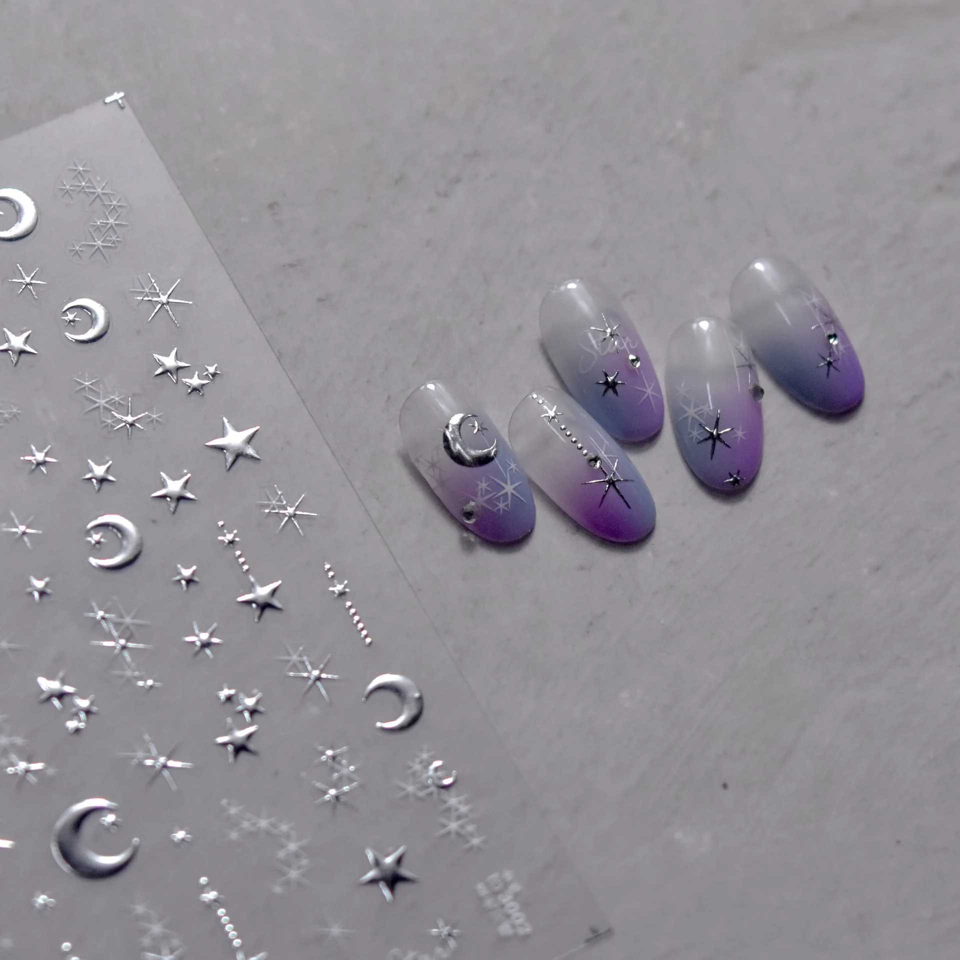 3D Gold Sun/Moon/Star Bronzing Nail Art Sticker 8*10cm Laser Star Moon Design Nail Decal Gold Silver Self-Adhesive Slider * XJ250120