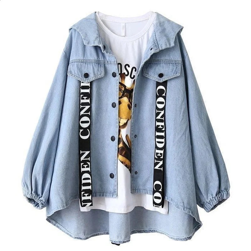 Womens Hooded Denim Jacket Spring Autumn Plus Size Loose Blue Jean Jacket Coat Retro Wholesale Cropped Top 250121