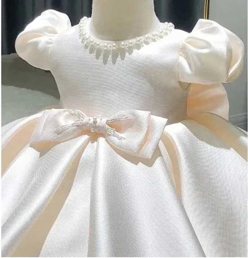 New Baby Girl Dress Bead Bow Newborn Baptist Dress Baby Girl Tutu 1st Birthday Party Dress Puff Sleeves Preschool Clothing X250203