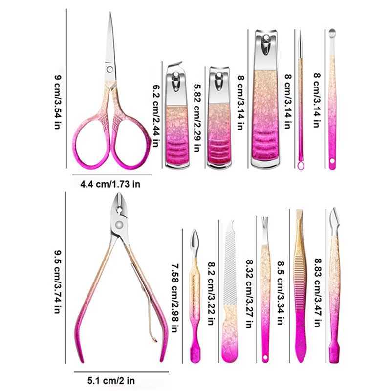 6-12PCS Ice gradient high quality steel Nail Clipper Cuticle Pusher Earpick Manicure Tools Pedicure Suit in PU CaseXJ250121