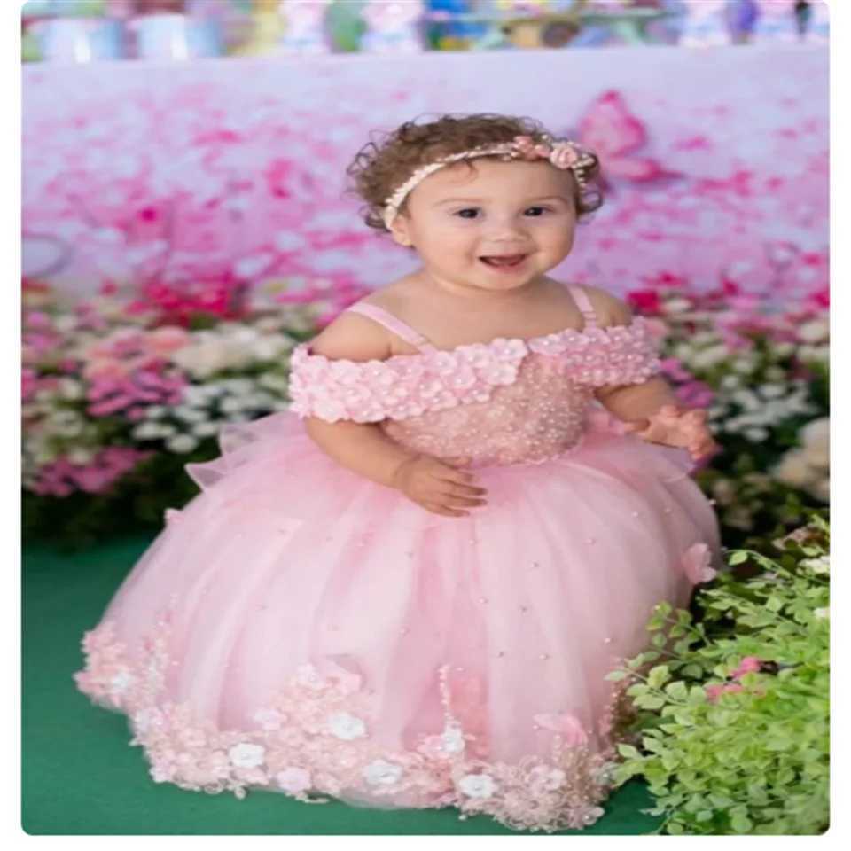 Baptism Tulle Pearls Flower Girl Dress Lovely For Wedding Beading Applique Off Shoulder Child First Eucharistic Birthday Party X250203