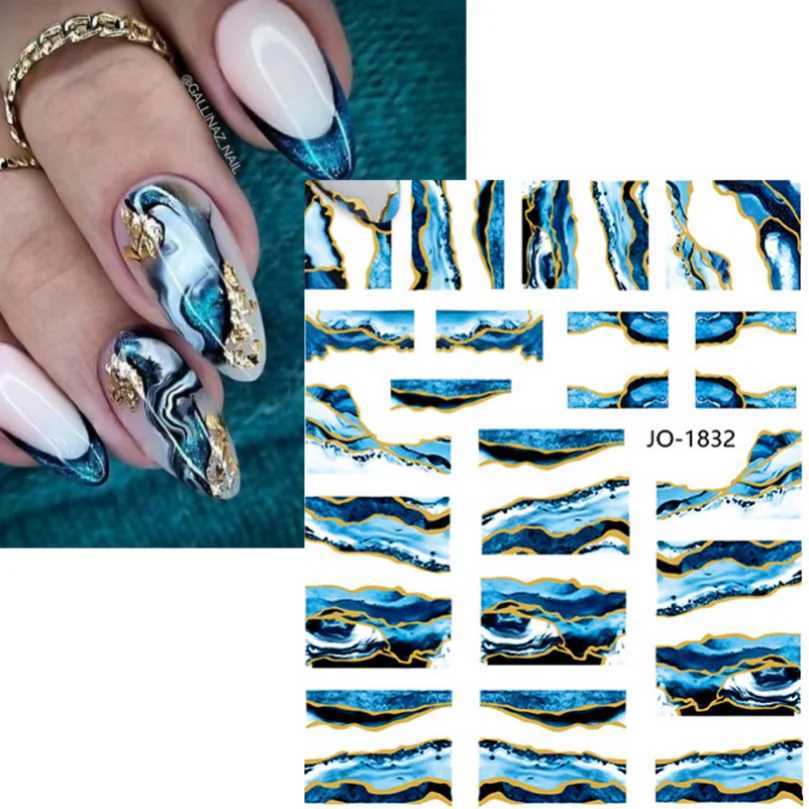 Blue Marble Effect 3D Golden Wave Line Nails Art Stickers Gold Bronzing Slider Geometric Lines Spring Decals Decoration StickerXJ250120