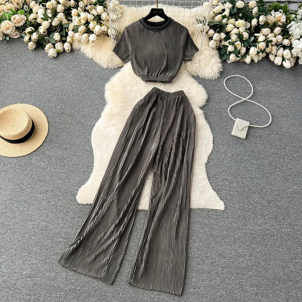 Fashion Solid Casual Two Pieces Sets Women Short Sleeve Crop TopWide Legs Long Pants Summer Beach Sporty Slim Tracksuit 250118
