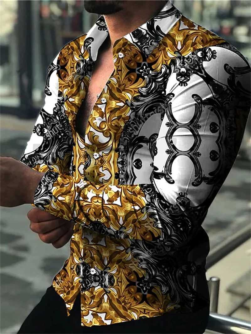 Fashion Luxury Social Men Long Sleeve Shirts Turn-down Collar Buttoned Shirt 2023 Mens Party Clothing Casual Flower Print TopsXJ250121