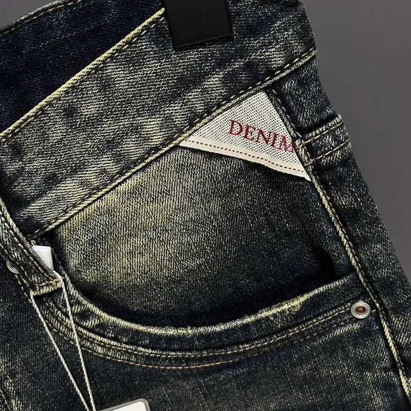 Retro yellow mud dyed denim jeans mens casual knee length high-end brand jeans luxury streetwear mens jeans X250203