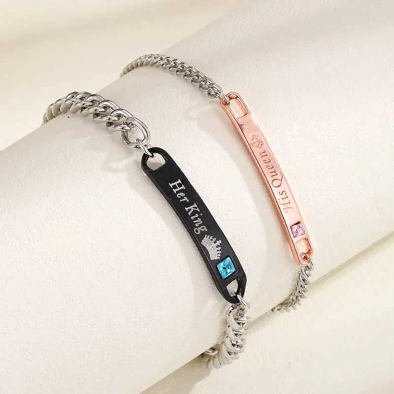 2pcs Fashion Couple Bracelets His Queen Her King Pendant Stainless Steel Bracelets Surprise for Boyfriend Girlfriend W250121