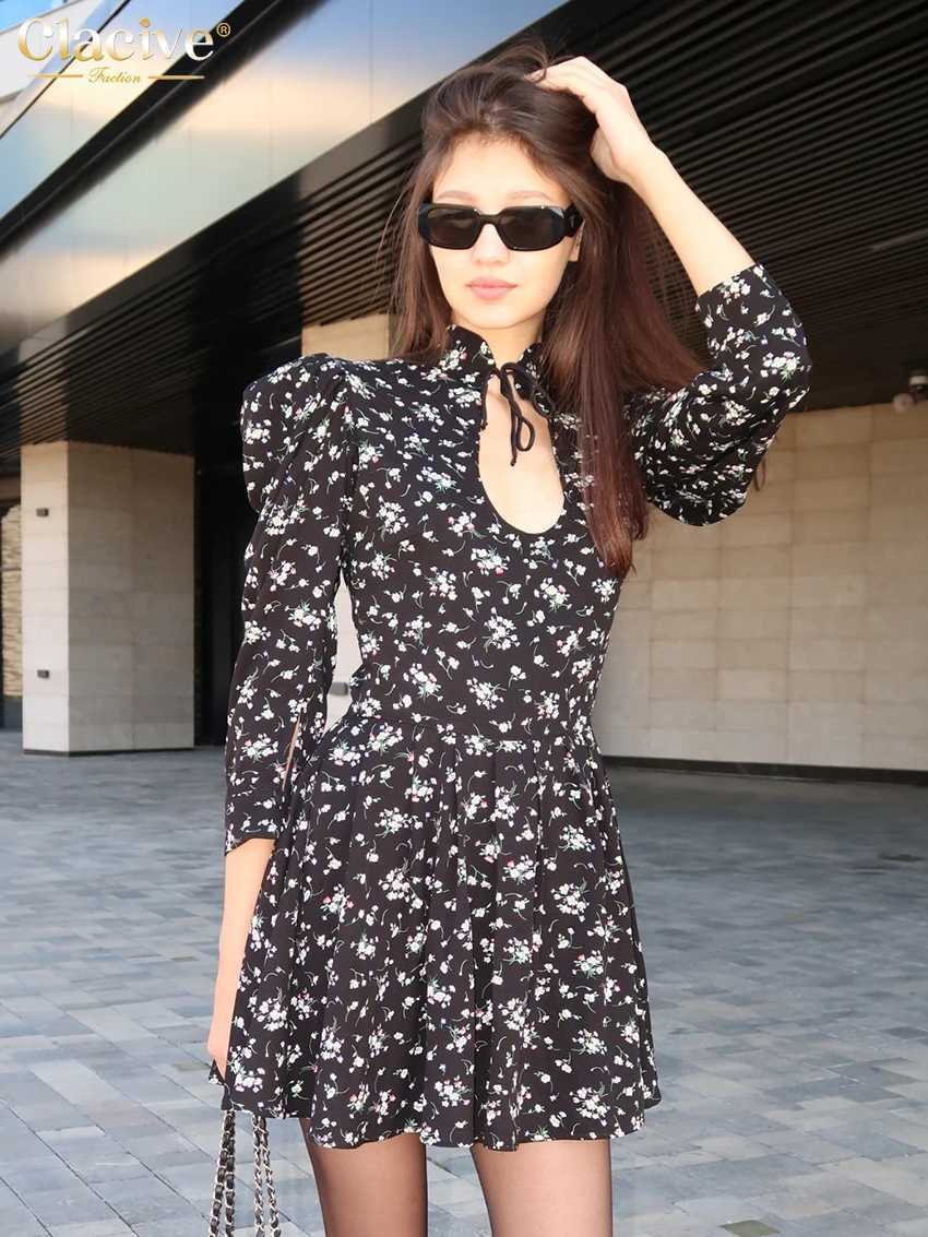 Clacive Fashion Slim Print Womens Dress Sexy Stand Collar Long Sve Mini Dresses Ele Classic Hollow Out Fe DressXJ250115