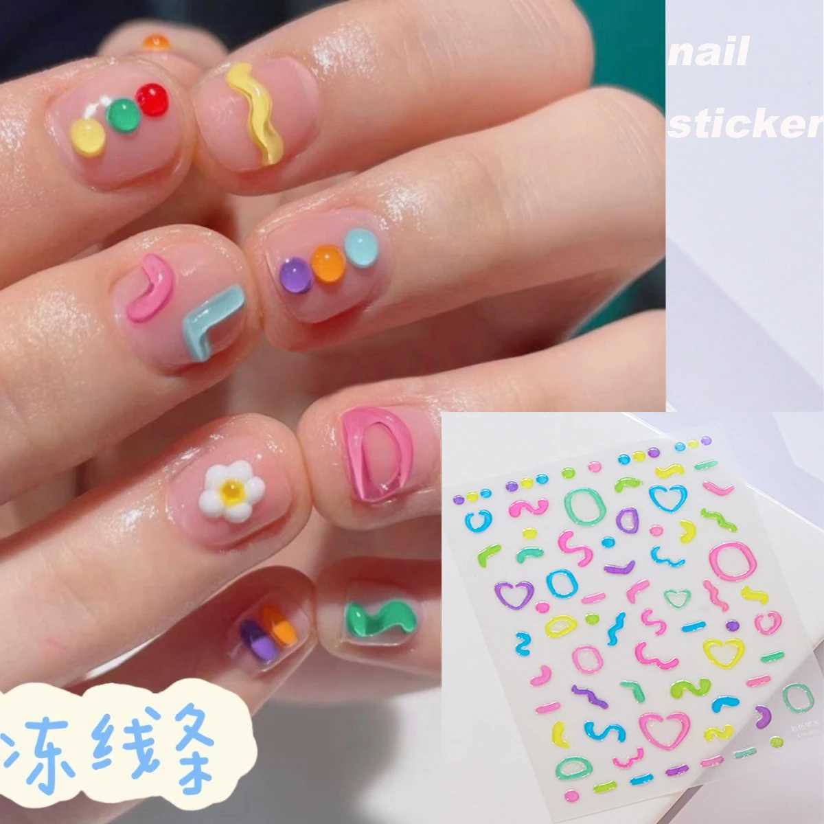 5D Jelly Line Letter Heart Cartoon Nail Stickers Colorful Relief Geometry Press On Nails Decals Decoration DIY Adhesive Sliders#XJ250120