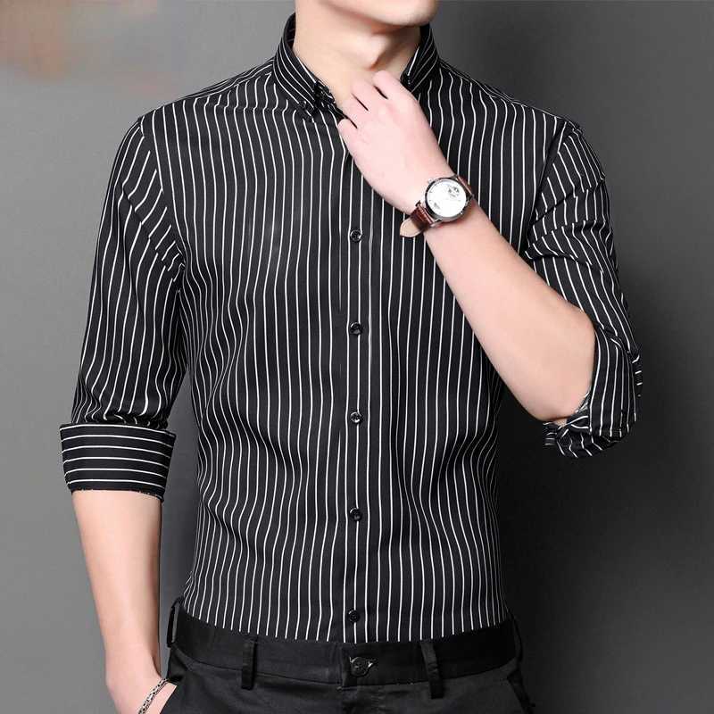 New elastic wrinkle resistant mens long sleeved formal shirt high-quality mens slim fit social business striped men clothingXJ250121