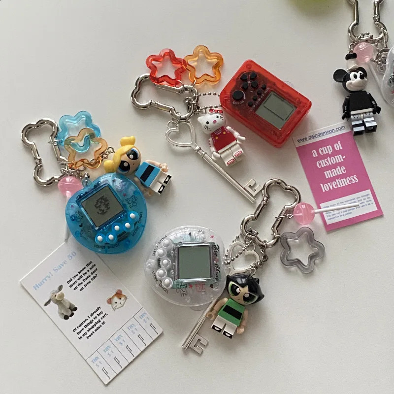 Creative Childhood Vintage Rainbow Game Console Bone Keychain Kawaii Harajuku Charm Crystal Heart Lock DIY Bag Pendant Keychain250114