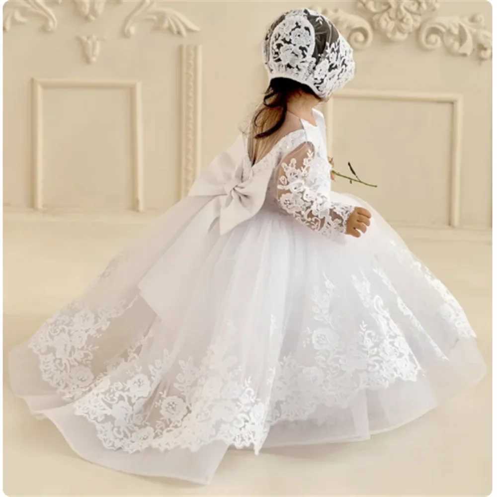 Baby Baptism White Flower Girl Dresses Tulle Appliques With Bow Long Sleeve For Wedding Birthday Holy Communion Gowns X250203