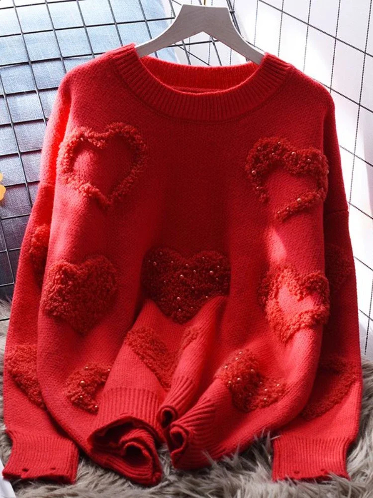 Lazy Style Pullovers Long Sleeve Solid Color Heart Flocking Autumn Winter Sweaters Loose All Match Women Clothing 250117