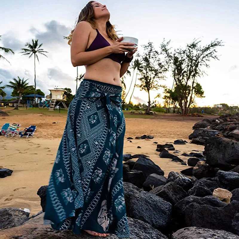 Boho Skirts Women Rayon Beach Long Dr Summer Bohemian Long Skirt Femme Elastic Waist Print Floral Bandage Halter Hippie W250120