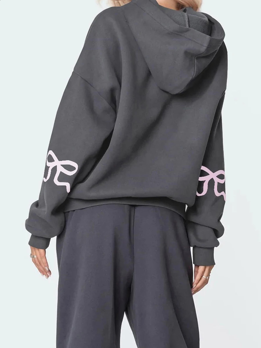 Casual Women s Oversized Hoodies with Bow Print Long Sleeve Sweatshirts Streetwear Aesthetic Tops for a Relaxed Look 250122
