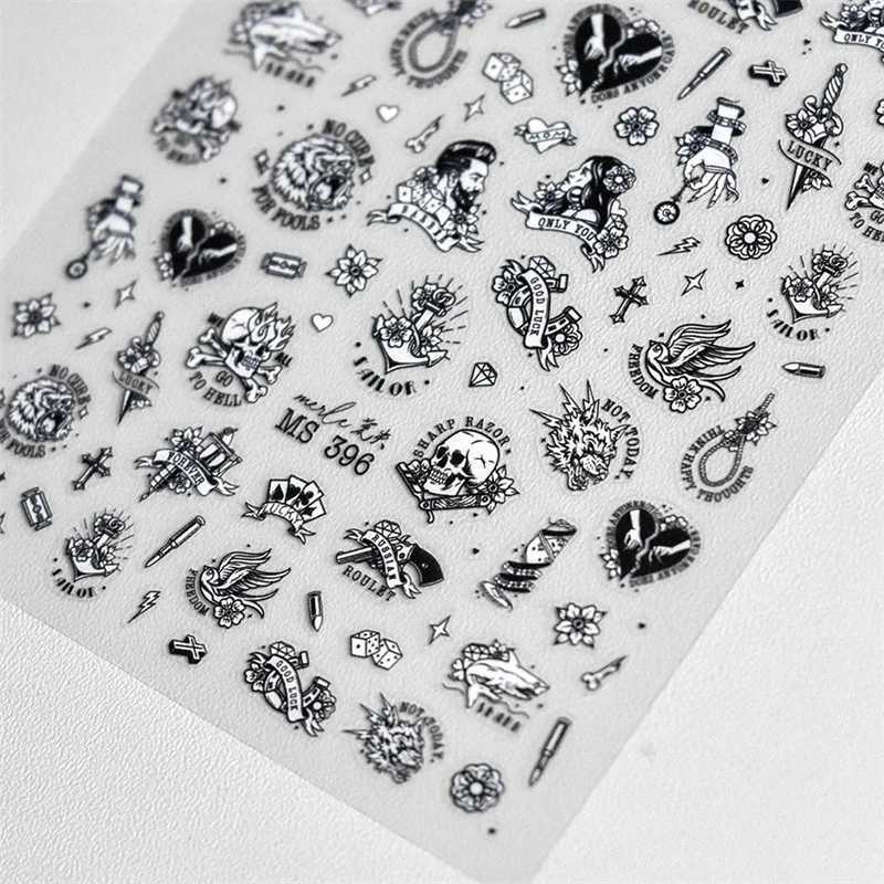 Retro Black Line Skull Man Woman 5D Embossed Relief Self Adhesive Nail Art Sticker Bear Bunny Hand Bird Horror 3D Manicure DecalXJ250120