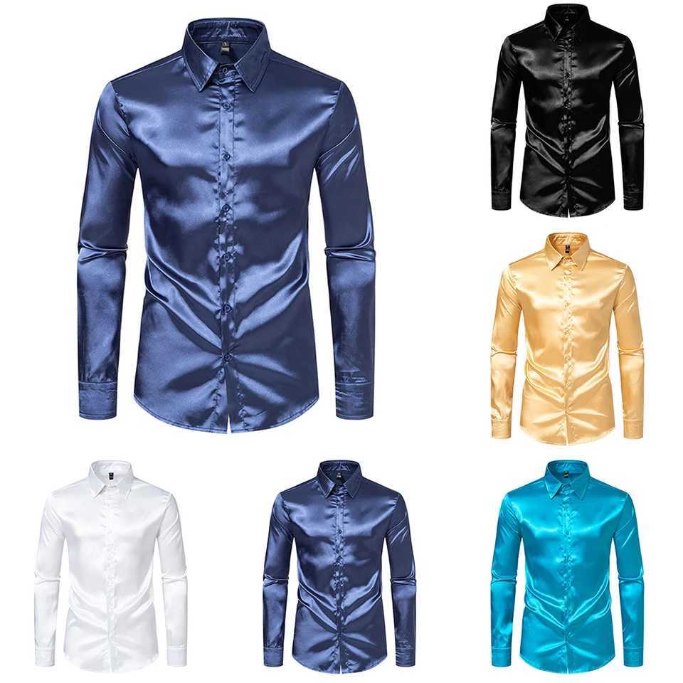 Elegant Satin Silk Mens Dress Shirt Slim Fit Long Sleeve Cocktail Party Luxury Button Down Casual Suit ShirtXJ250121