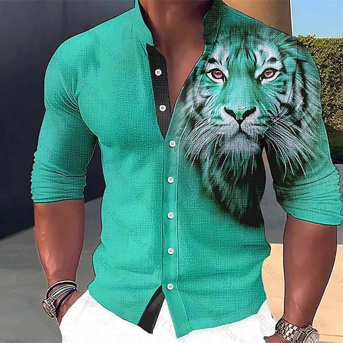 Mens Shirt Animal Tiger Pattern 3D Printing Stand Collar Fashion Street Casual Long Sleeve Shirt XS-6XL Fast ShippingXJ250121