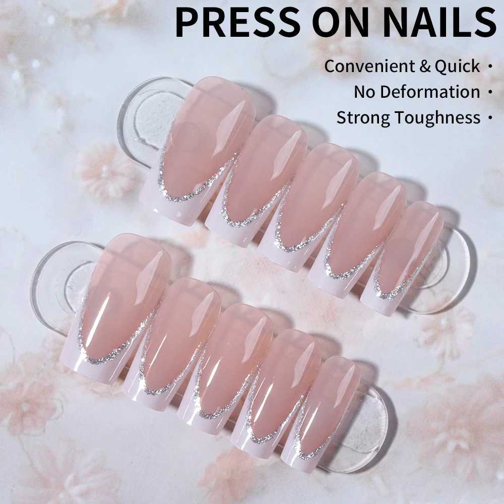 Medium length square nail - Solid color flash white French simple press nail Detachable fake nail acrylic nail24pcs/W250120